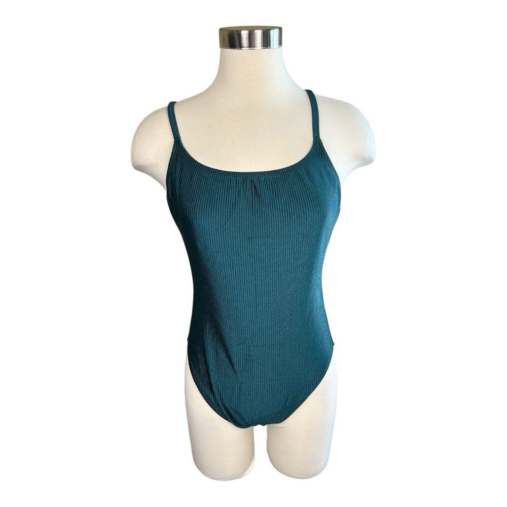 VTG Catalina Hunter Green Sheen Ribbed Onepiece Swimsuit Criss Cross Back NWT L
